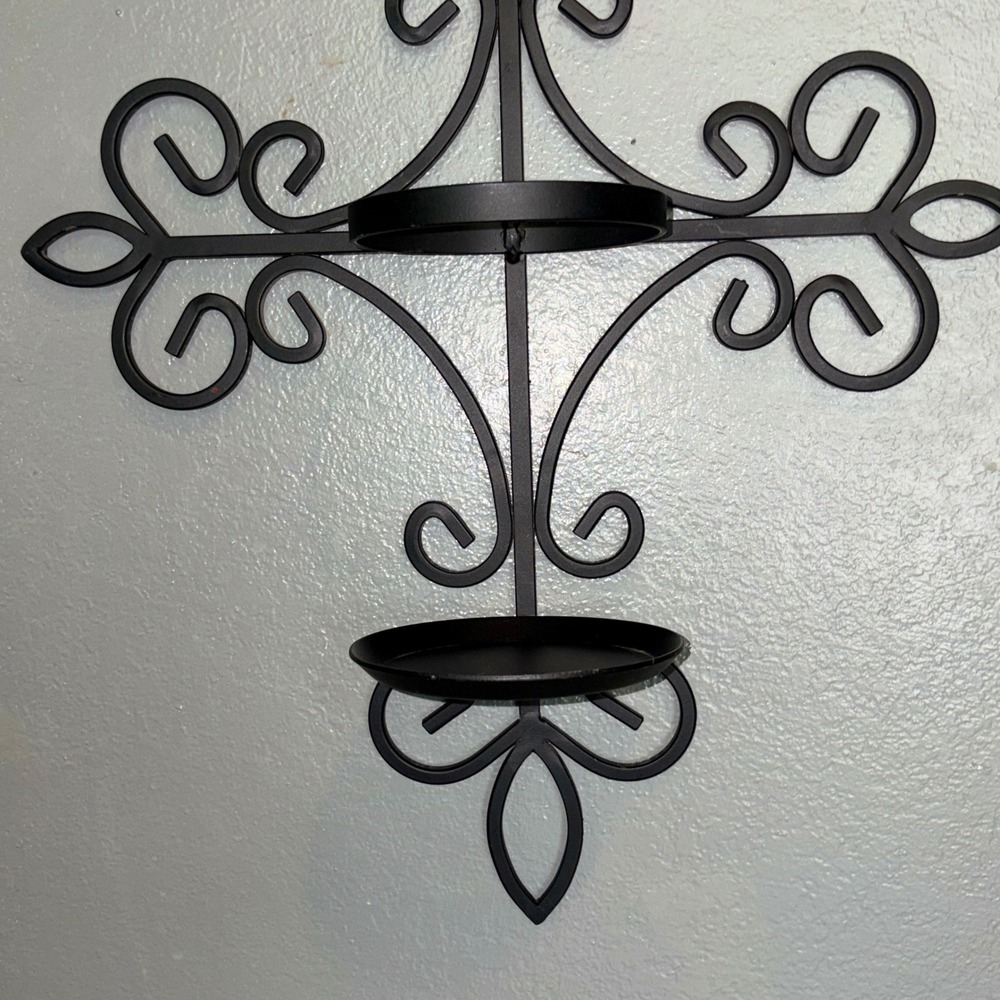 Black Wrought Iron Fleur De Lis Cross Wall Sconce Pillar Candle Holder 19in - Picture 4 of 16